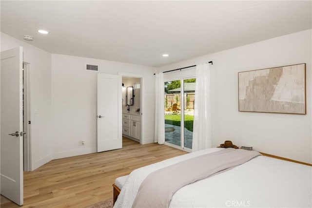 5662 Trail View Pl, Yorba Linda, CA 92886 - bedroom featuring access to exterior, light wood-type flooring, recessed lighting, baseboards, and ensuite bath