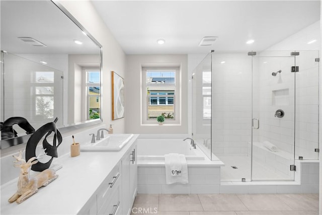 10 Veraz Rd, Rancho Mission Viejo, CA 92694 - full bathroom with tile patterned flooring, vanity, a bath, a stall shower, and recessed lighting