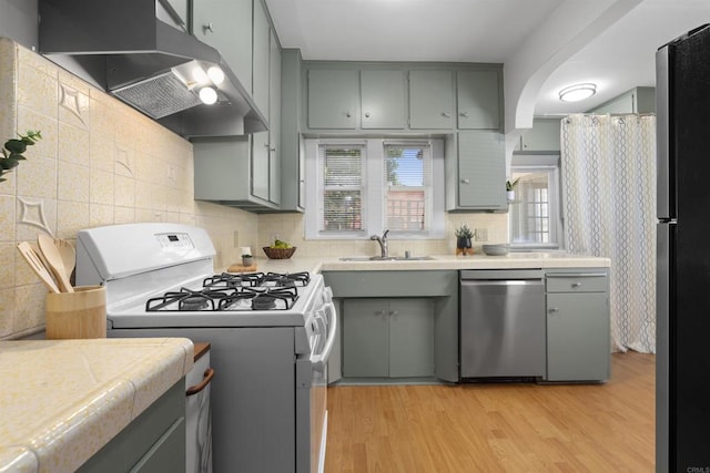 3536 Park Villa, San Diego, CA 92104 - kitchen featuring stainless steel appliances, a sink, gray cabinets, extractor fan, and light wood-style flooring