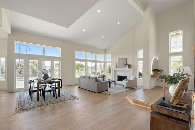 1736 Blackbird Cir, Carlsbad, CA 92011 - living area with high vaulted ceiling, healthy amount of natural light, light wood-type flooring, baseboards, and recessed lighting