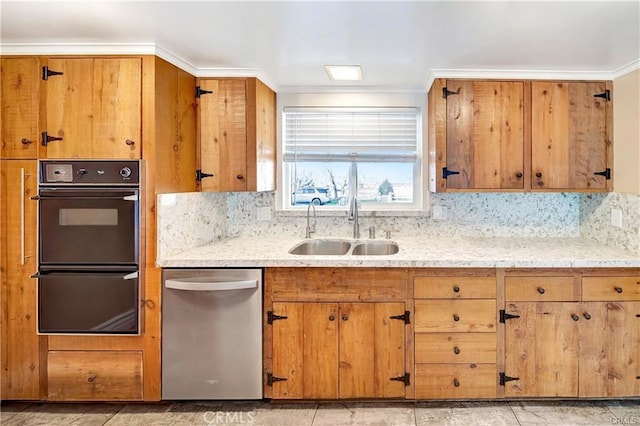 5306 W W Ave M4, Lancaster, CA 93536 - kitchen with dishwasher, a sink, tasteful backsplash, ornamental molding, and brown cabinets