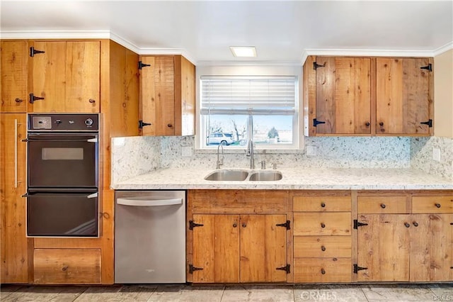 5306 W W Ave M4, Lancaster, CA 93536 - kitchen featuring stainless steel dishwasher, decorative backsplash, crown molding, brown cabinets, and light stone countertops