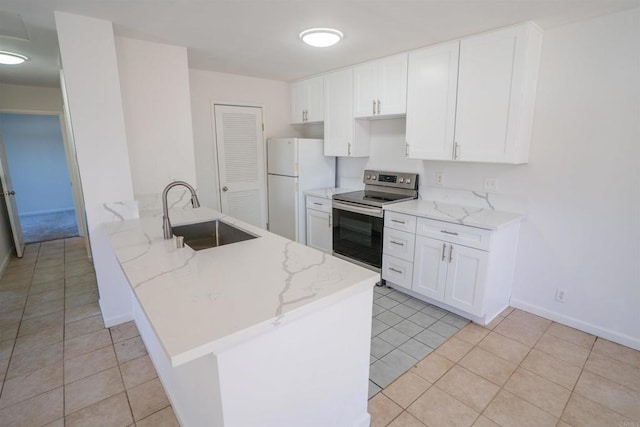 6860 Panamint Row Unit 2, San Diego, CA 92139 - kitchen featuring electric range, a sink, freestanding refrigerator, a peninsula, and light stone countertops