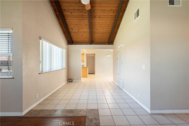 14889 Hartford Ln, Helendale, CA 92342 - empty room featuring wooden ceiling, plenty of natural light, beam ceiling, light tile patterned floors, and a chandelier