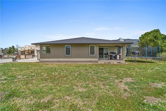 rear view of property featuring a trampoline, a patio area, and a yard