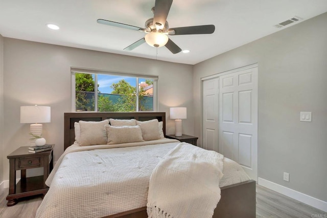 1055 Via Lomita, Escondido, CA 92027 - bedroom featuring light wood-style floors, baseboards, a closet, a ceiling fan, and recessed lighting