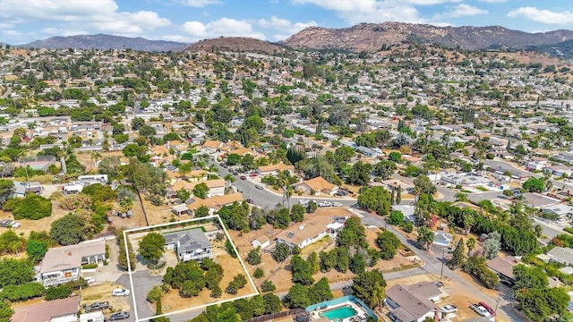 1055 Via Lomita, Escondido, CA 92027 - aerial view of property and surrounding area with a mountain backdrop, nearby suburban area, and property parcel outlined