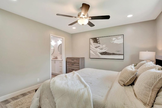 1055 Via Lomita, Escondido, CA 92027 - bedroom with light wood-style flooring, baseboards, ensuite bathroom, ceiling fan, and recessed lighting