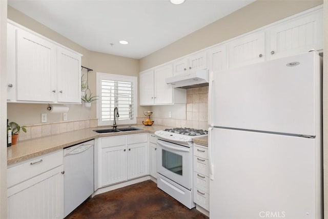 620 Via Umbroso, San Clemente, CA 92672 - kitchen with white appliances, a sink, under cabinet range hood, white cabinetry, and recessed lighting