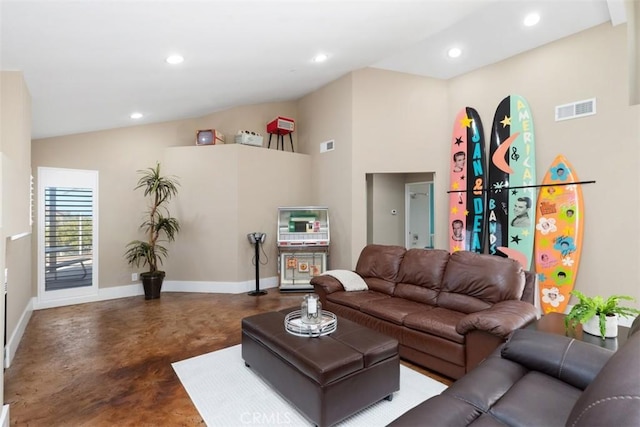 620 Via Umbroso, San Clemente, CA 92672 - living room with concrete flooring, lofted ceiling, baseboards, and recessed lighting