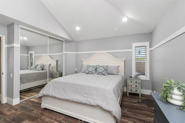 620 Via Umbroso, San Clemente, CA 92672 - bedroom featuring lofted ceiling, dark wood-style flooring, baseboards, a closet, and recessed lighting