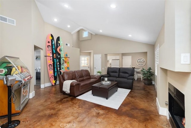 620 Via Umbroso, San Clemente, CA 92672 - living area with a fireplace, finished concrete flooring, baseboards, high vaulted ceiling, and recessed lighting
