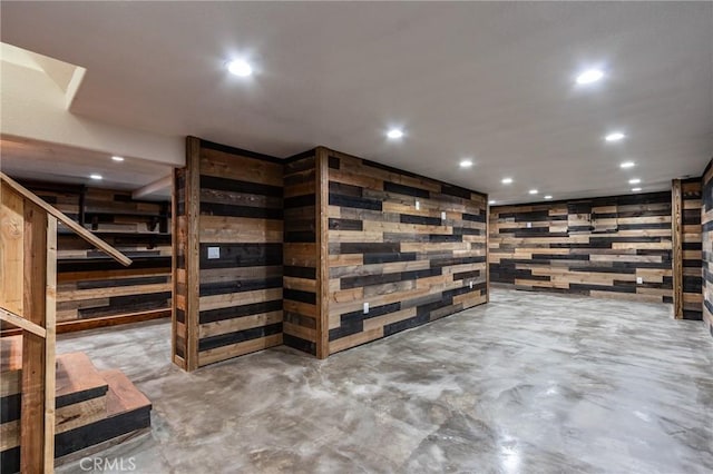 37095 Oak View Rd, Yucaipa, CA 92399 - finished basement with stairs, recessed lighting, and wood walls