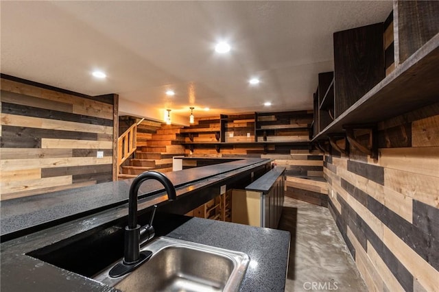 37095 Oak View Rd, Yucaipa, CA 92399 - indoor bar featuring wooden walls, stairway, recessed lighting, and concrete flooring