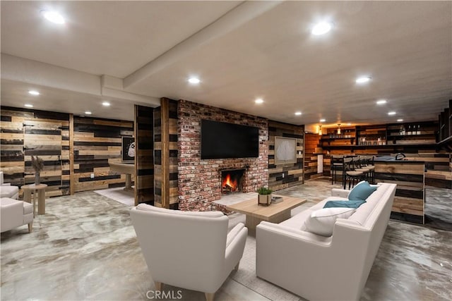 37095 Oak View Rd, Yucaipa, CA 92399 - living area with recessed lighting, wood walls, a fireplace, and bar area