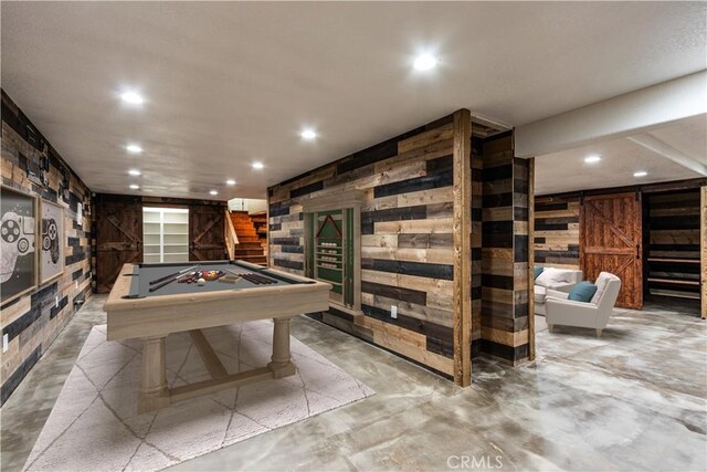 37095 Oak View Rd, Yucaipa, CA 92399 - game room with recessed lighting, concrete floors, pool table, and wooden walls