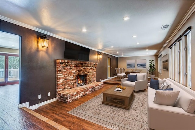37095 Oak View Rd, Yucaipa, CA 92399 - living area with recessed lighting, wood finished floors, baseboards, crown molding, and a fireplace