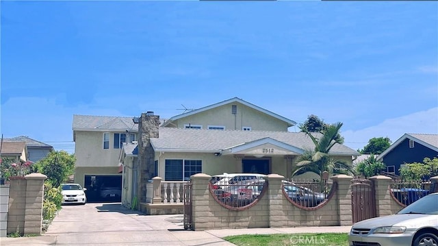 2512 Central Ave, South El Monte, CA 91733 - view of front of property with stucco siding, a fenced front yard, driveway, and a chimney