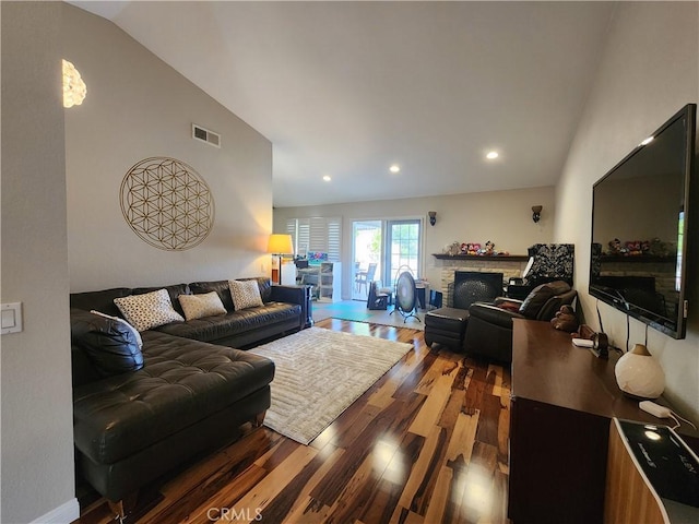 1428 Blenbury Dr, Diamond Bar, CA 91765 - living area with a fireplace, lofted ceiling, wood finished floors, and recessed lighting