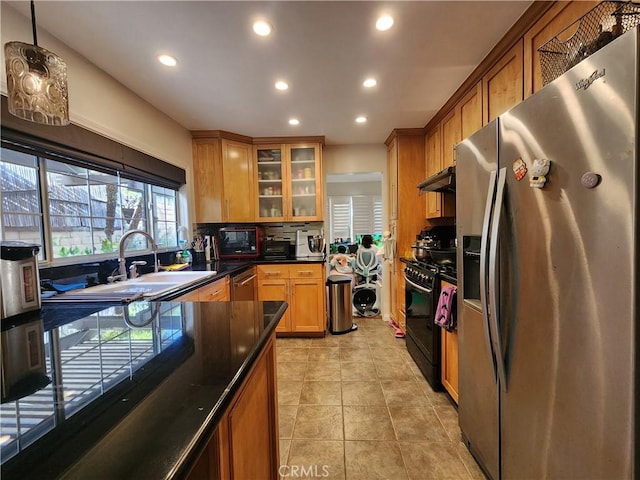 1428 Blenbury Dr, Diamond Bar, CA 91765 - kitchen featuring stainless steel appliances, a sink, recessed lighting, light tile patterned floors, and glass insert cabinets