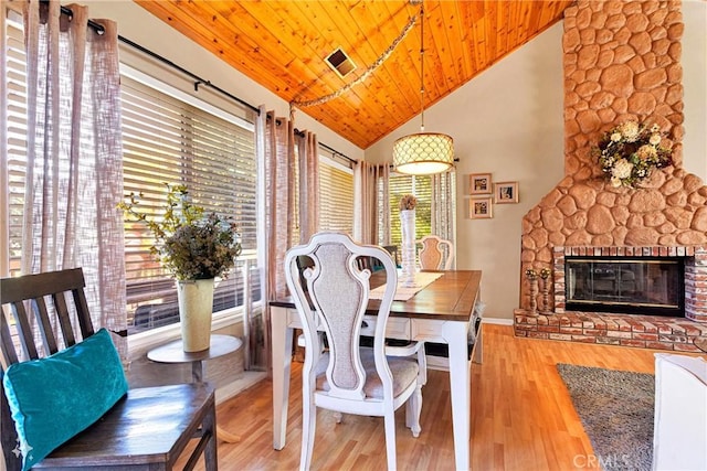 678 Buckingham Sq, Lake Arrowhead, CA 92352 - dining area featuring wooden ceiling, wood finished floors, high vaulted ceiling, a glass covered fireplace, and baseboards