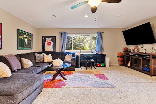 678 Buckingham Sq, Lake Arrowhead, CA 92352 - carpeted living area featuring a ceiling fan and recessed lighting