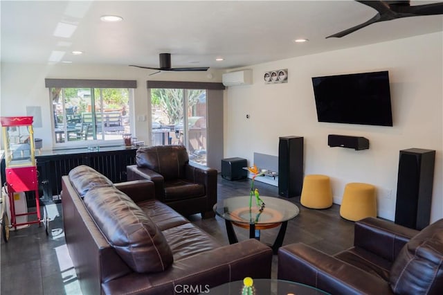 895 W 23rd St, Upland, CA 91784 - living room featuring ceiling fan, an AC wall unit, recessed lighting, and wood finished floors