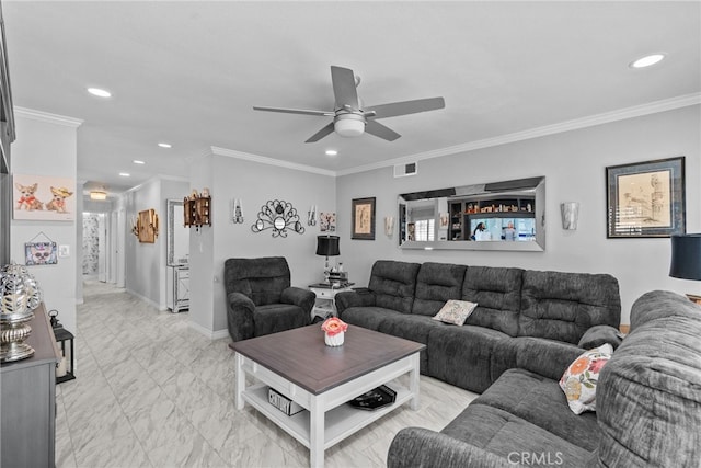 living room featuring recessed lighting, light marble finish flooring, a ceiling fan, crown molding, and baseboards