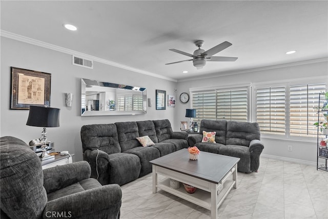 living room with light marble finish floors, recessed lighting, a ceiling fan, ornamental molding, and baseboards