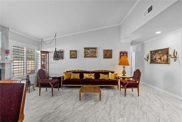 living room featuring ornamental molding, light marble finish floors, baseboards, and lofted ceiling