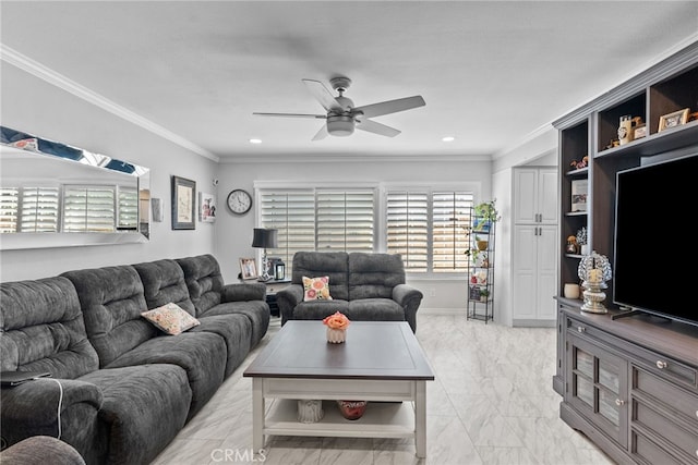 living area featuring light marble finish flooring, a ceiling fan, ornamental molding, recessed lighting, and baseboards
