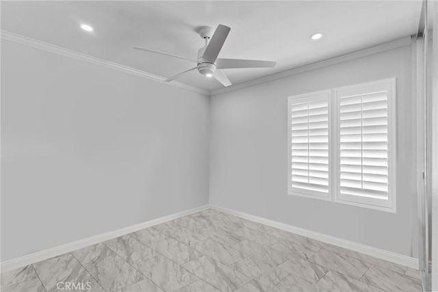unfurnished room featuring ceiling fan, crown molding, baseboards, and recessed lighting