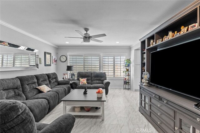 living area featuring crown molding, a ceiling fan, light marble finish floors, and recessed lighting