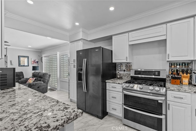 25536 Old Course Way, Valencia, CA 91355 - kitchen with range with two ovens, black refrigerator with ice dispenser, white cabinets, recessed lighting, and crown molding