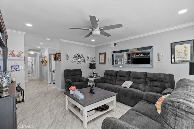 living area featuring light marble finish floors, recessed lighting, ceiling fan, ornamental molding, and baseboards