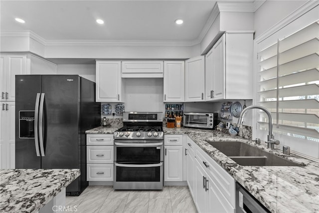 25536 Old Course Way, Valencia, CA 91355 - kitchen featuring stainless steel appliances, white cabinets, light stone countertops, recessed lighting, and crown molding