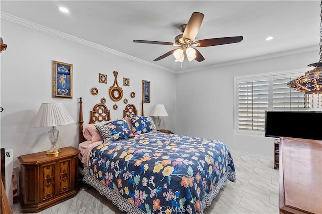 bedroom featuring marble finish flooring, crown molding, recessed lighting, ceiling fan, and baseboards