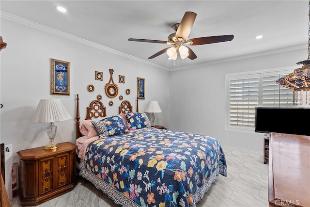 25536 Old Course Way, Valencia, CA 91355 - bedroom with marble look tile flooring, crown molding, recessed lighting, and a ceiling fan