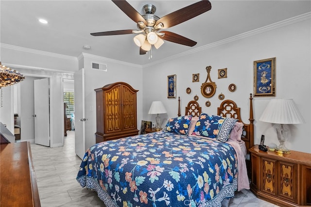 bedroom with crown molding and ceiling fan