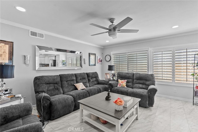 living room featuring light marble finish floors, a ceiling fan, recessed lighting, crown molding, and baseboards