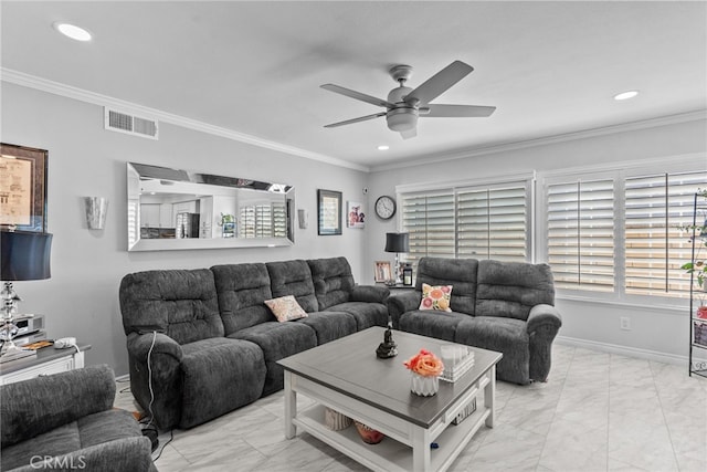 25536 Old Course Way, Valencia, CA 91355 - living room featuring light marble finish flooring, ceiling fan, ornamental molding, and recessed lighting