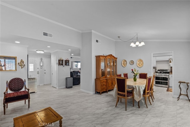 dining room with a chandelier, crown molding, baseboards, and recessed lighting