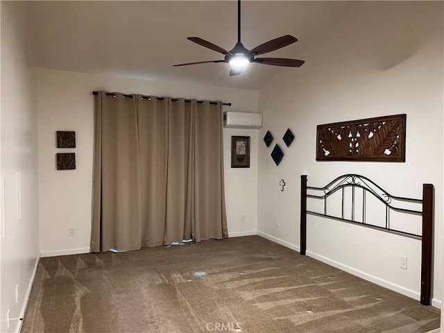 1321 Cypress Point Dr, Banning, CA 92220 - unfurnished bedroom featuring a wall mounted air conditioner, carpet floors, baseboards, a ceiling fan, and lofted ceiling
