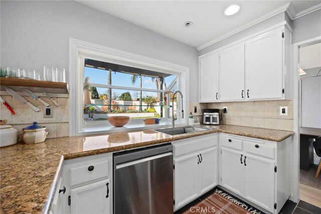 3388 Tonopah St, Oceanside, CA 92054 - kitchen featuring dishwasher, a sink, backsplash, white cabinetry, and crown molding