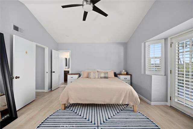 3388 Tonopah St, Oceanside, CA 92054 - bedroom featuring lofted ceiling, light wood-style flooring, baseboards, ceiling fan, and connected bathroom