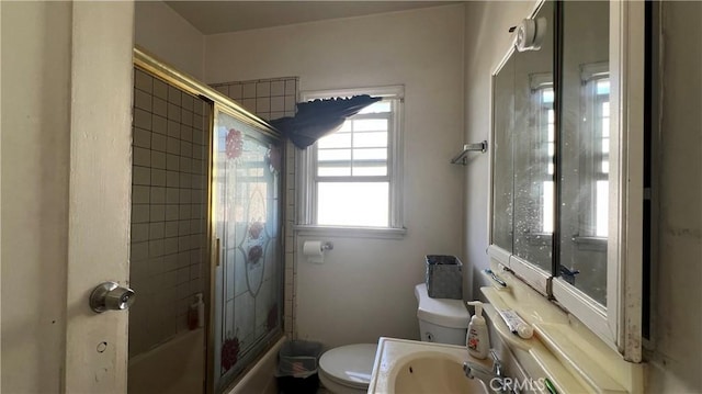 full bathroom with toilet, vanity, and bathing tub / shower combination