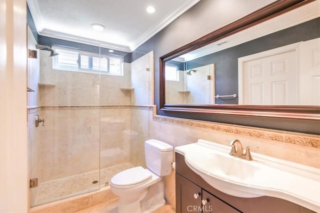 16 Vistamar Dr, Laguna Niguel, CA 92677 - full bathroom featuring crown molding, vanity, a shower stall, and tile walls