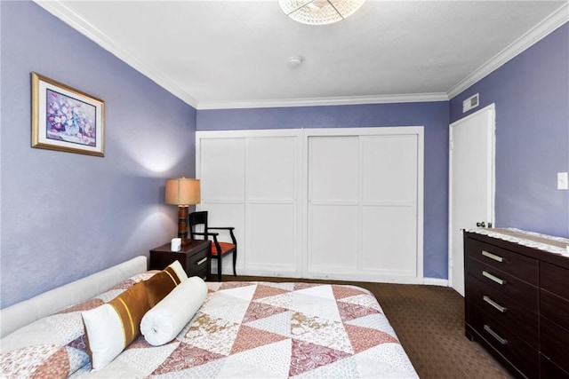 2271 Kellogg Park Dr, Pomona, CA 91768 - bedroom with dark carpet, two closets, and ornamental molding