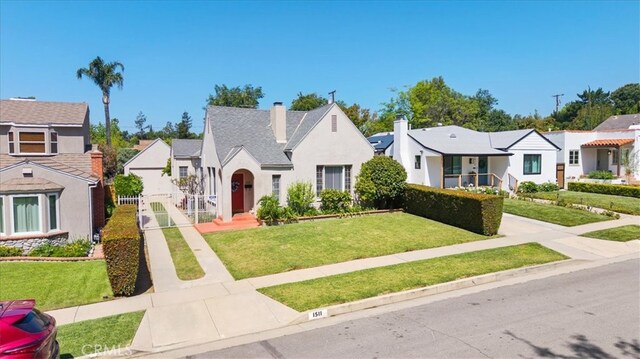 1511 Coolidge Ave, Pasadena, CA 91104 - view of front of home with a residential view, a front lawn, a chimney, and stucco siding