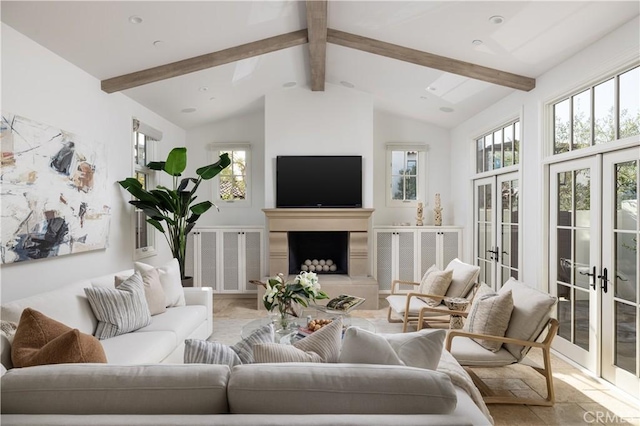 110 Via Orvieto, Newport Beach, CA 92663 - living area with french doors, a fireplace with raised hearth, and recessed lighting